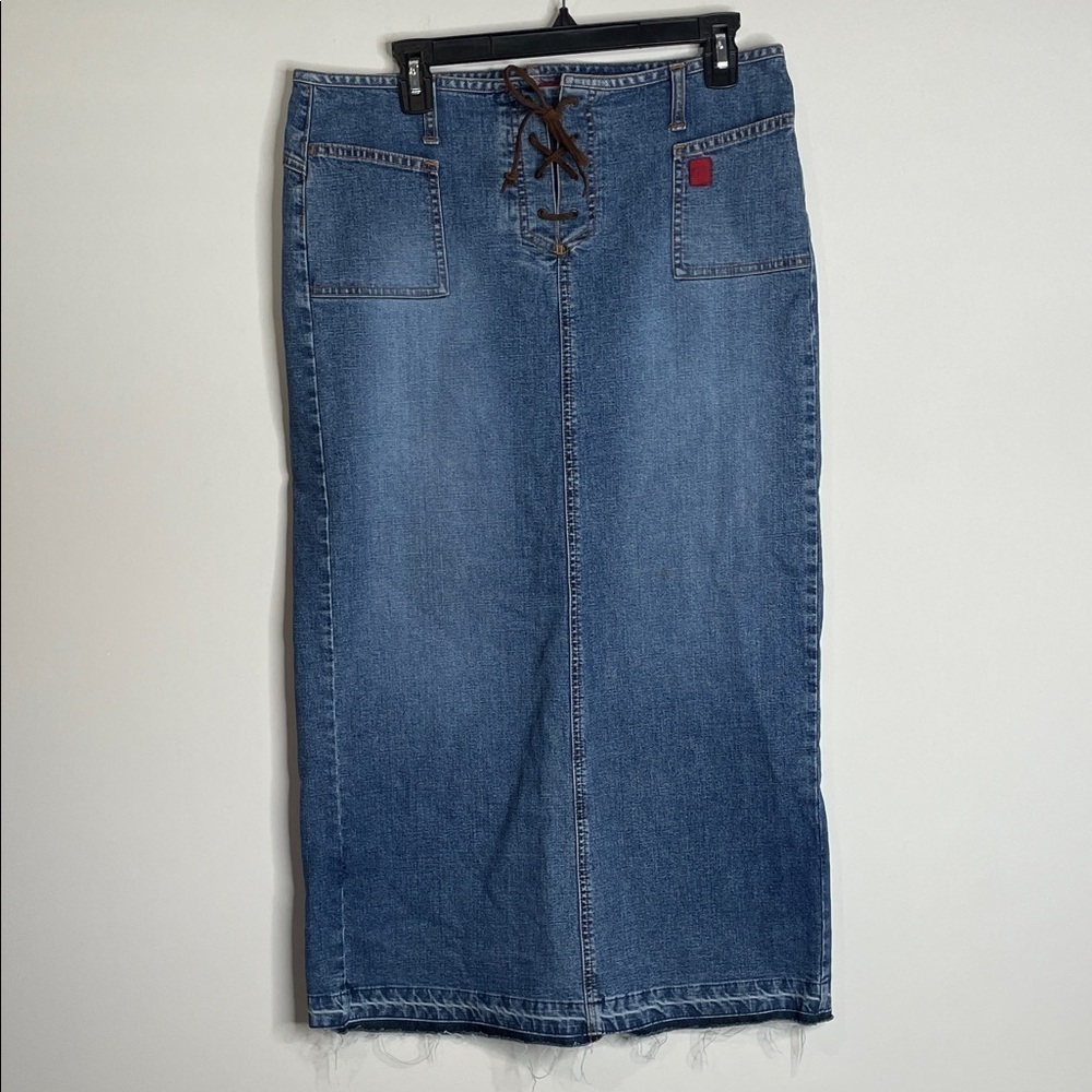 Bongo | Vintage Y2K Denim Midi Skirt Lace Front Detail Size 13